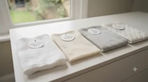 A selection of different breathable cot blanket fabrics, including cotton muslin, bamboo, and wool, displayed on a dresser.