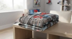 A lightweight, breathable cotton Spider-Man blanket neatly folded on a wooden side table.