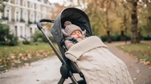 A baby sleeping soundly under a breathable yet warm pram blanket for winter.