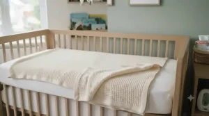 A cosy cellular blanket layered in a baby cot, showing safe bedding practices.