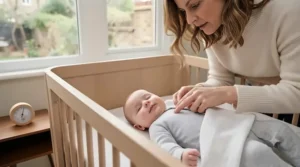 A parent carefully checking their baby's chest temperature while the infant is tucked into a cot.