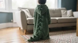 Rear view of a child wearing the full-length dinosaur wearable blanket featuring a detailed plush tail and hood.