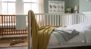 A close-up photograph focusing on a neat stack of various baby blankets, including cellular, knitted, and muslin options, resting on a bed in a modern nursery.