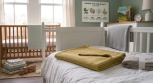 A detailed close-up shot focusing on a mustard yellow, textured knitted cot bed blanket spread across the foot of a modern cot bed, with other blankets draped nearby.
