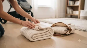 A parent folding a compact pram blanket for winter, demonstrating how easily it stores in a changing bag.