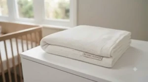 A lightweight 0.5 tog summer cot blanket neatly folded, featuring a subtle waffle texture.