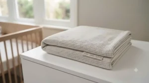 A versatile 1.0 tog spring and autumn cot blanket neatly folded, showing a medium-weight fabric.