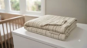 A cosy 2.5 tog winter cot blanket neatly folded, featuring a thicker, quilted material.