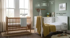 A direct photographic comparison between a 60x120cm cot with a folded cellular blanket and a 70x140cm cot bed with a mustard yellow knitted blanket, featuring infographic labels.