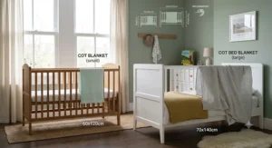 A detailed photographic comparison set in a British nursery, showing a standard 60x120cm cot and a larger 70x140cm cot bed, alongside stacked folded blankets and an integrated size infographic.