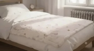 A warm and fluffy unicorn blanket layered on top of a single duvet for extra winter warmth.