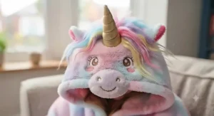 A happy girl wrapped warmly in an oversized unicorn hooded blanket while reading a book on a chilly winter evening.