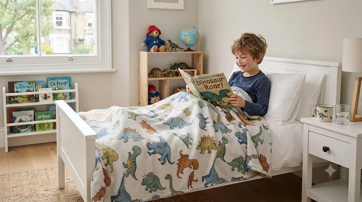 Cosy dinosaur blanket for boys draped over a child's bed in a British children's bedroom. dinosaur blanket for boys
