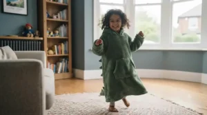 A child playing happily indoors while wearing their cosy dinosaur hooded blanket as a fun alternative to a dressing gown.