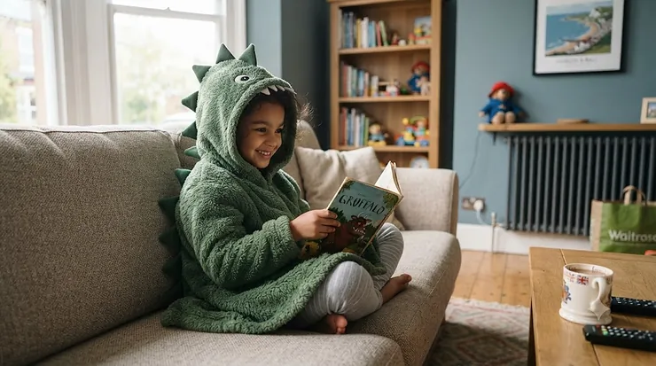 A child wearing a cosy green dinosaur hooded blanket, smiling while relaxing in a children's bedroom. dinosaur hooded blanket kids