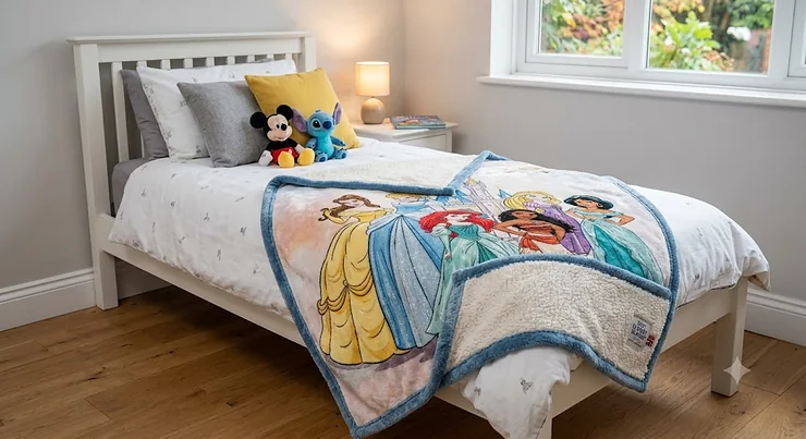 Close-up view of the soft, machine-washable fleece fabric on a Disney-themed blanket. best disney blanket