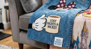 A gift-ready Disney throw blanket tied with a decorative ribbon, ideal for birthdays.