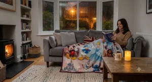 Disney Princess themed sherpa blanket with embroidered character detailing.