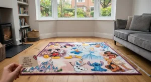 Compact, lightweight Disney fleece blanket being folded for easy storage.