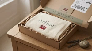 Eco-friendly gift wrapping showcasing a personalised baby blanket with name, ready for UK delivery.
