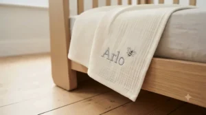 A neatly folded personalised nursery blanket resting on a wooden cot rail.