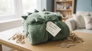 A beautifully packaged children's dinosaur hoodie blanket tied with a ribbon, ready to give as a birthday or Christmas gift.