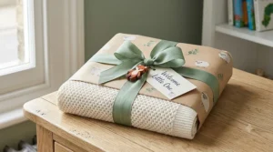 A beautifully gift-wrapped cotton cellular blanket, perfect for a baby shower.