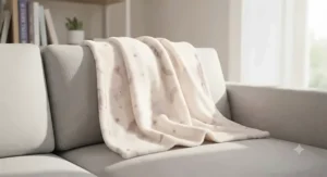 A magical unicorn fleece blanket folded neatly over a modern grey sofa in a family living room.