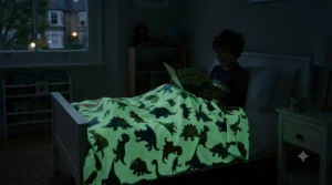 Glow-in-the-dark dinosaur blanket for boys illuminating a darkened children's bedroom with green prehistoric skeletons.
