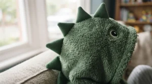 Close-up showing the ultra-soft, fleece fabric and vibrant green spikes of the children's dinosaur snuggle hoodie.