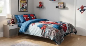 A child's bedroom styled with a matching Spider-Man duvet cover and a soft throw blanket.