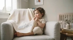 A growing toddler wrapped comfortably in a larger custom name blanket during story time.