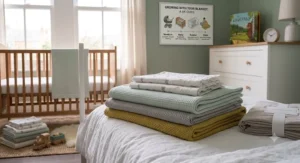 A wide-angle photograph of a modern nursery showing a cot bed made up with multiple layered blankets, alongside a stacked selection and a packaged linen set.