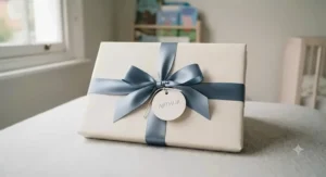 A beautifully wrapped personalised baby blanket presented in an eco-friendly gift box with a ribbon.