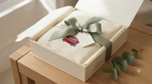 A personalised baby blanket with name neatly folded inside an elegant gift box with ribbon, ideal for a newborn present.