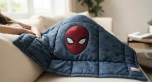A premium weighted Spider-Man blanket providing cosy sensory comfort while relaxing on a sofa.