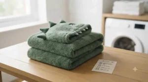 Neatly folded kids dinosaur blanket hoodie beside care instructions highlighting its machine-washable quality.