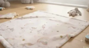 A colourful unicorn pattern blanket spread out on a playroom floor during playtime.