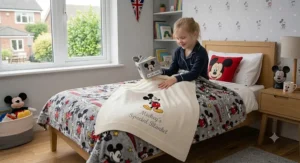 Close-up of a blue Mickey Mouse comfort blanket for babies.