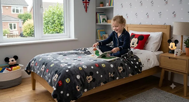 Soft Mickey Mouse fleece blanket draped over a child's bed. mickey mouse blanket