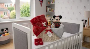 Mickey Mouse themed baby gift set featuring a plush blanket.
