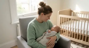 A British mother, seated in a grey nursing chair, cuddles a sleeping baby wrapped in the identical textured grey and white cellular cot blanket.