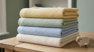 A stack of soft, organic cotton cellular blankets in various pastel colours.