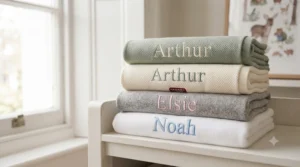 A collection of pastel-coloured, personalised baby blankets with name arranged neatly on a wooden shelf.