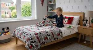 Personalised Mickey Mouse blanket with embroidered name detail.