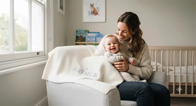 A luxury woven personalised name blanket draped over a neutral-toned nursery cot, showcasing bespoke British craftsmanship. personalised name blanket