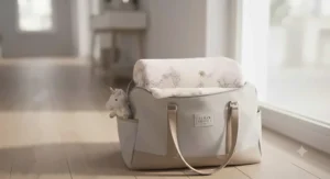 A neatly folded lightweight unicorn blanket packed into a travel bag for car journeys and sleepovers.