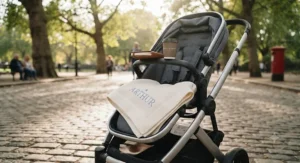 A lightweight personalised name blanket neatly tucked into a pushchair for a walk in the park.