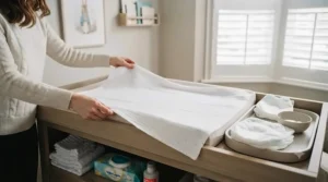 Parent using a soft receiving blanket as a clean surface for changing nappies.