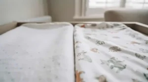 Close-up texture comparison of cotton flannel receiving fabric and stretchy bamboo swaddle.